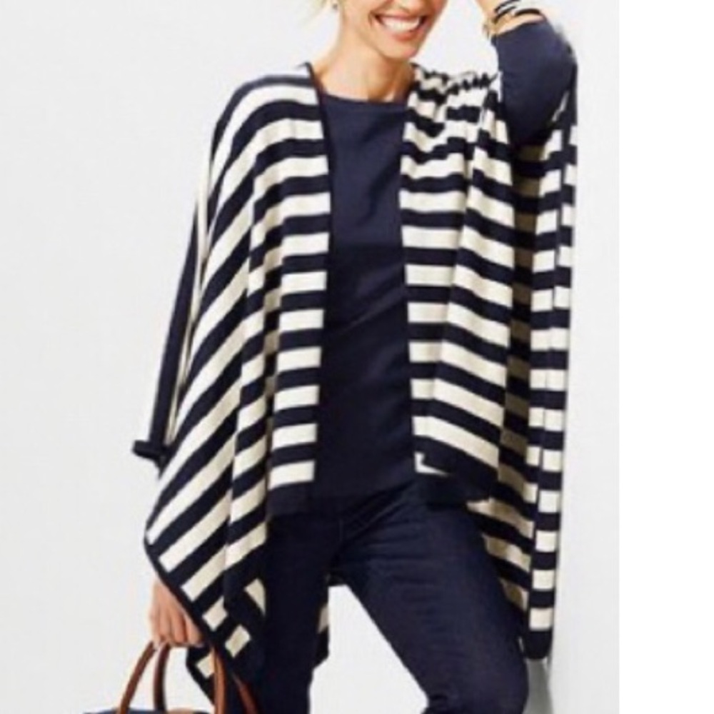 NWT • TALBOTS • Striped Navy & White Knit Wrap Ruana Scarf Sweater - Picture 2 of 3